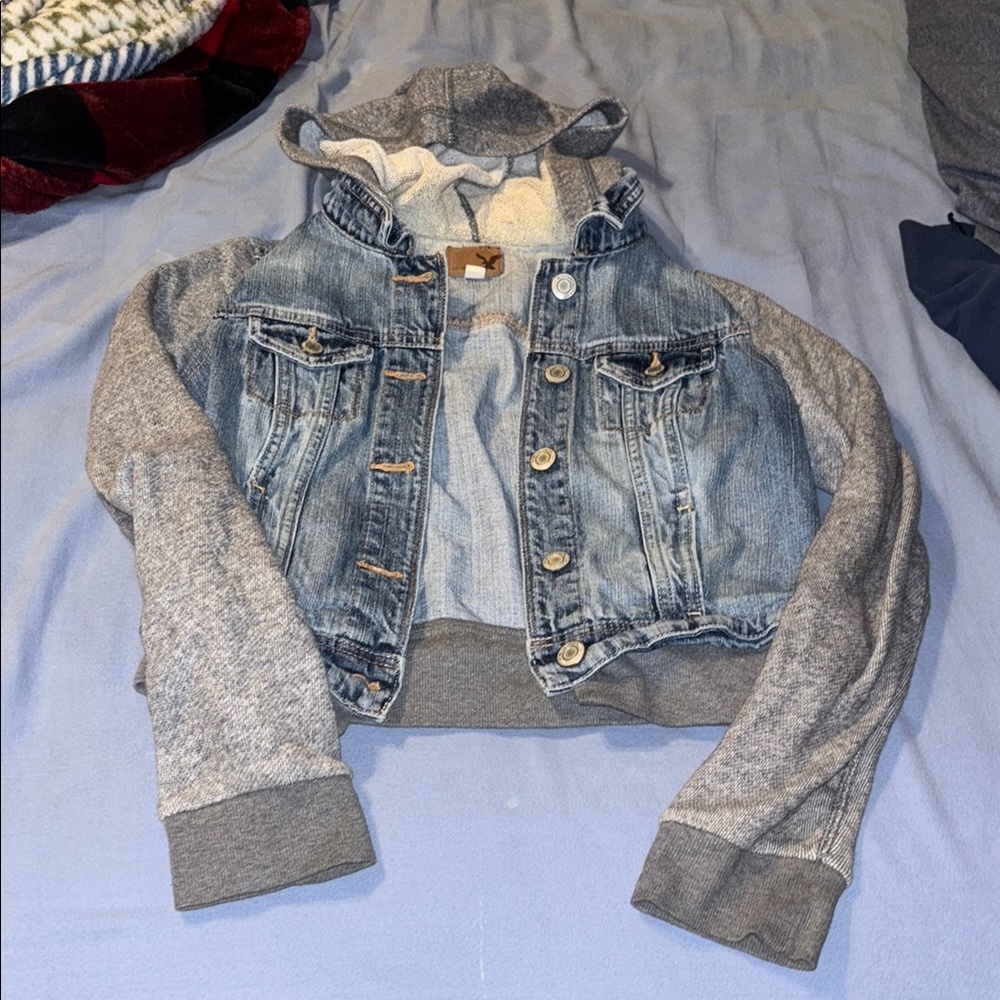 Denim and Gray Hooded Jacket